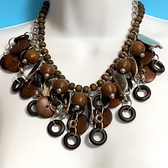 Wood Beads Silver Tone Boho Statement Necklace - Picture 1 of 8